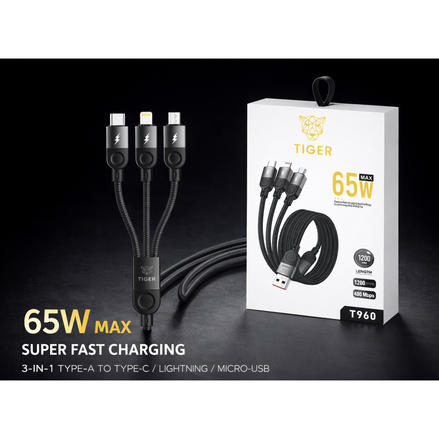 TIGER 65W MAX 3-in-1 Super Fast Charging Cable (T960)