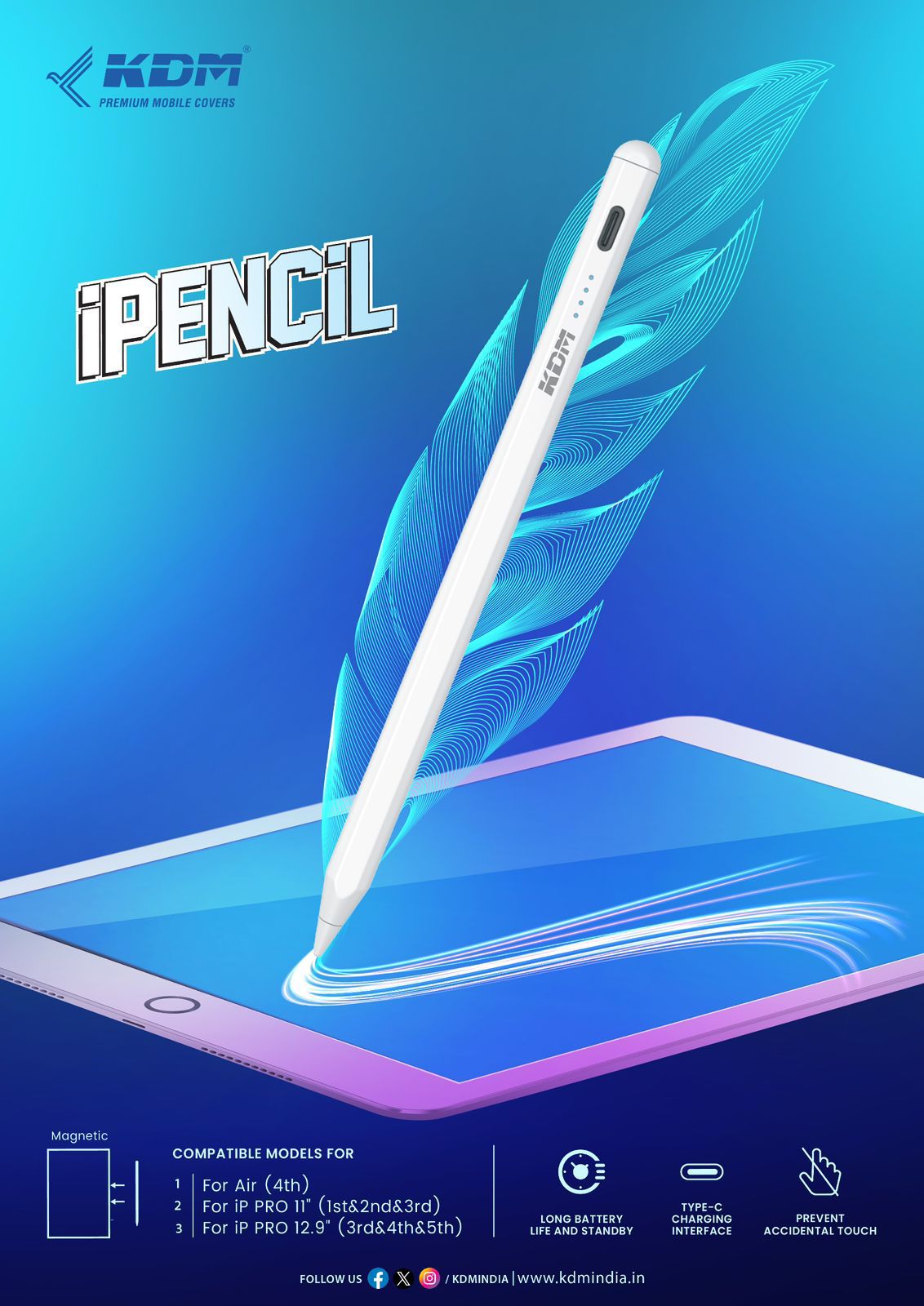 KDM Precision stylus pen for compatible iPad Air & iPad Pro models with Type-C charging and magnetic support